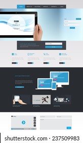 Modern Clean One page website design template. All in one set for website design that includes one page website template with Tablet in Hand realistic illustration.