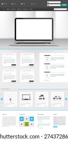Modern Clean One page website design template. All in one set for website design that includes one page website template with Tablet in Hand realistic illustration. 