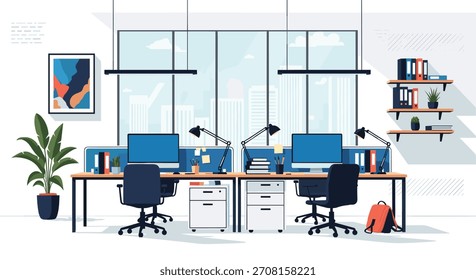 A modern and clean open-plan office interior with two computer workstations desks and a large window with a city view.