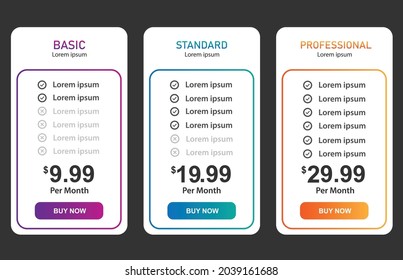 Modern clean pricing table. Table price comparison. Three types of prices for basic, standard and professional fare banners