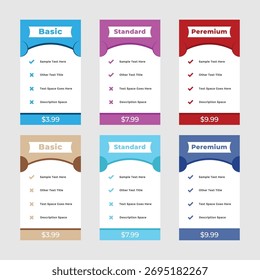 Una Plantilla de mesa de Precios moderna y limpia para el Sitio web y los negocios. Este diseño es perfecto para mostrar sus diferentes Planes y paquetes a los Clientes.