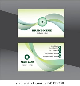 Modern, clean, and professional visiting card template
The design uses a flowing, curved green line that extends across both the front and back of the card