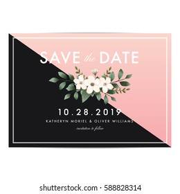 Modern clean save the date wedding invitation card template with bouquet flower. Vector illustration.