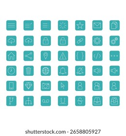 Um conjunto moderno e limpo de ícones de IU planos, projetados em fundos quadrados. Este pacote abrange funções essenciais da interface do usuário, incluindo gerenciamento de layout, e-mail e comunicação