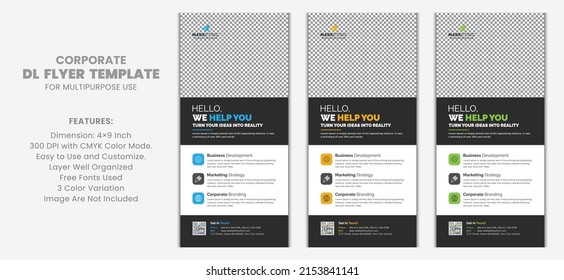 Modern Clean Simple Standard Corporate Business DL Flyer Rack Card Template Vector Minimal Design with Blue, Yellow, Green Color