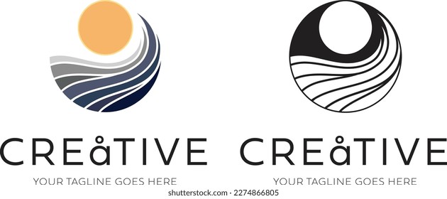 Modern clean and simple sun and wave zen circle logo with yellow, orange and blue gradient. Artistic zen company logo great for massage, spa, surfing, beach and water adventure.