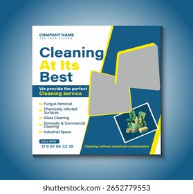 Modern and clean social media post design for professional cleaning services. Ideal for promoting home, office, or commercial cleaning with bold visuals and editable text layout. Fully customizable.