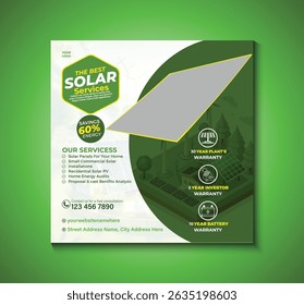Modern and clean solar energy social media post template for promoting eco-friendly services. Perfect for companies offering solar panel installation, energy consulting, and renewable solutions.