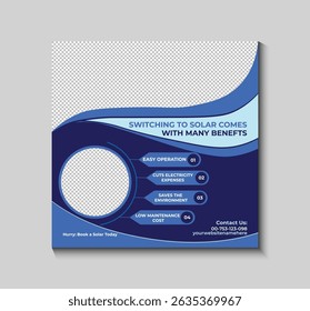 Modern and clean solar energy social media post template for promoting eco-friendly services. Perfect for companies offering solar panel installation, energy consulting, and renewable solutions.