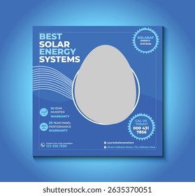 Modern and clean solar energy social media post template for promoting eco-friendly services. Perfect for companies offering solar panel installation, energy consulting, and renewable solutions.