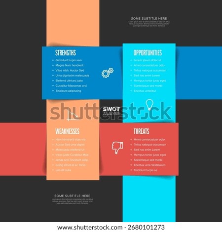 Modern clean SWOT analysis template for business strategy. SWOT analysis infographic clearly presents strengths, weaknesses, opportunities, and threats for a comprehensive strategic planning process.