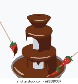 Modern Clean Tasty Focus And Closeup Hot Brown Chocolate Fountain Machine Isolated Cartoon Dessert With Strawberry Fruit On A Stick Dipped. Sweet Sauce Chocolate Fondue Flat Design Style Vector