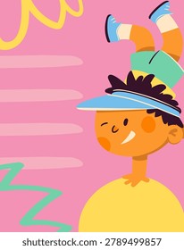 Modern clean template with boy doing handstand. Diploma or leaflet for children sport and dancing activity. Posters and childcare materials layout. Vector graphic design for children.