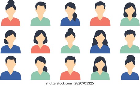 A modern and clean vector illustration featuring a set of 15 diverse user profile avatars. Designed in a flat, minimalist style, these character icons include various male and female hairstyles and vibrant clothing colors (coral, mint green, dark blue). Perfect for website user interfaces, mobile application account profiles, corporate team pages, social media placeholders, and digital branding.

#avatar #userprofile #profileicon #vectorillustration #flatdesign #characterdesign #diversepeople #uiicon #teamavatars #minimalistdesign