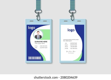 Modern Clean Vertical Double-sided Waves Style Blue Color ID Cards For Company Stuff. Flat Design Vector Illustration