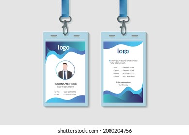 Modern Clean Vertical Double-sided Waves Style Blue Color ID Cards For Company Stuff. Flat Design Vector Illustration
