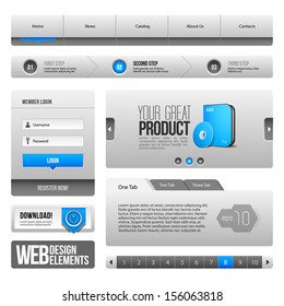 Modern Clean Website Design Elements Grey Blue Gray: Buttons, Form, Slider, Scroll, Carousel, Icons, Tab, Menu, Navigation Bar, Download, Pagination 