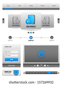 Modern Clean Website Design Elements Grey Blue Gray 2: Buttons, Form, Slider, Scroll, Carousel, Icons, Menu, Navigation Bar, Download, Pagination, Video, Player 