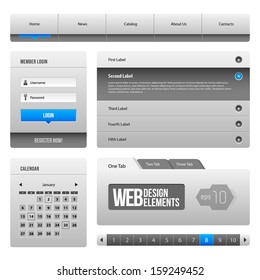 Modern Clean Website Design Elements Grey Blue Gray 3: Buttons, Form, Slider, Scroll, Carousel, Icons, Menu, Navigation Bar, Download, Pagination, Video, Player, Tab, Accordion, Search, 