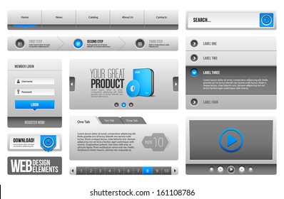 Modern Clean Website Design Elements Grey Blue Gray 3: Buttons, Form, Slider, Scroll, Carousel, Icons, Menu, Navigation Bar, Download, Pagination, Video, Player, Tab, Accordion, Search 