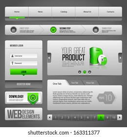 Modern Clean Website Design Elements Grey Green Gray: Buttons, Form, Slider, Scroll, Carousel, Icons, Tab, Menu, Navigation Bar, Download, Pagination 