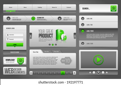 Modern Clean Website Design Elements Grey Green Gray: Buttons, Form, Slider, Scroll, Carousel, Icons, Menu, Navigation Bar, Download, Pagination, Video, Player, Tab, Accordion, Search 