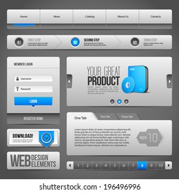 Modern Clean Website Design Elements Grey Blue Gray: Buttons, Form, Slider, Scroll, Carousel, Icons, Tab, Menu, Navigation Bar, Download, Pagination 