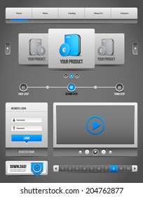 Modern Clean Website Design Elements Grey Blue Gray 2: Buttons, Form, Slider, Scroll, Carousel, Icons, Menu, Navigation Bar, Download, Pagination, Video, Player 