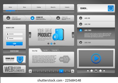 Modern Clean Website Design Elements Grey Blue Gray: Buttons, Form, Slider, Scroll, Carousel, Icons, Menu, Navigation Bar, Download, Pagination, Video, Player, Tab, Accordion, Search