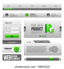 Modern Clean Website Design Elements Grey Green Gray: Buttons, Form, Slider, Scroll, Carousel, Icons, Tab, Menu, Navigation Bar, Download, Pagination