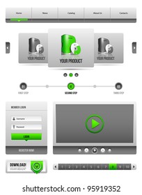 Modern Clean Website Design Elements Grey Green Gray 2: Buttons, Form, Slider, Scroll, Carousel, Icons, Menu, Navigation Bar, Download, Pagination, Video, Player