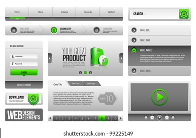 Modern Clean Website Design Elements Grey Green Gray 3: Buttons, Form, Slider, Scroll, Carousel, Icons, Menu, Navigation Bar, Download, Pagination, Video, Player, Tab, Accordion, Search