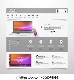 Modern Clean Website Template with Video Player and Notebook, Smart Phone illustration,  