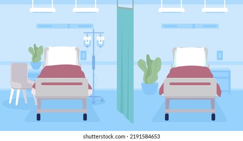 Modern Cleaning Emergency Department Flat Color Vector Illustration. Empty Beds In Medical Ward. Patients Care. Fully Editable 2D Simple Cartoon Interior With Hospital Equipment On Background