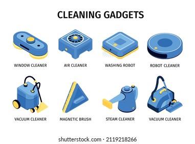 Modern cleaning gadgets set of window cleaner washing robot magnetic brush vacuum cleaner isometric icons isolated vector illustration