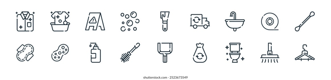 modern cleaning icon pack. perfect for linear ui designs featuring vector hanger, vacuum cleaner, toilet, garbage, dustpan, toilet brush, hand soap and more icons for mobile and web apps.