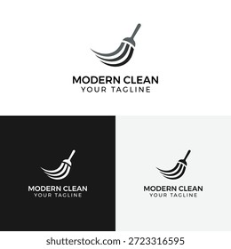 Un moderno logotipo de limpieza con un icono de escoba estilizado con el lema "TU ETIQUETA" en un diseño limpio y minimalista, presentado en tres variaciones de color.