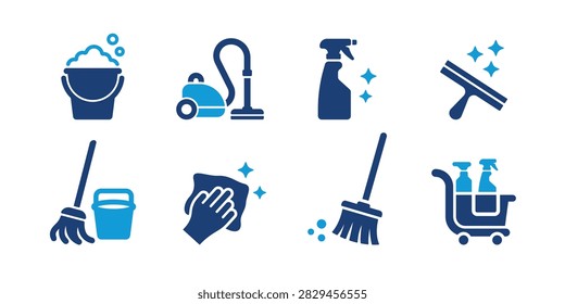 Modern cleaning service icon collection featuring a soap bucket, vacuum cleaner, spray bottle, window squeegee, mop, cleaning cloth, broom, and supply cart. Ideal for janitorial companies, housekeeping services, commercial cleaning, facility management, hygiene products, and maintenance materials.