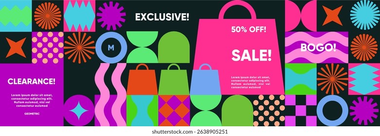 Modern clearance sale layout with geometric icons, shopping bags, and bright promotional labels like 50% off, BOGO, and exclusive offer blocks.