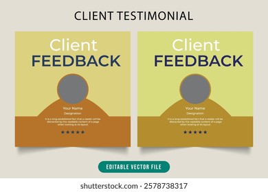 Modern client feedback social media post banner with light yellow and brown color. Client review and testimonial layout for business promotion. Customer satisfaction template with rating section. 
