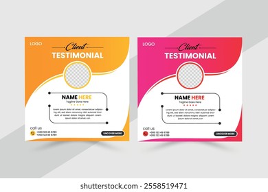 Modern client testimonial, customer feedback social media post template layout or web banner design with colour variation template. 