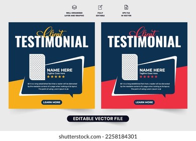 Modern client testimonial layout vector with yellow and red colors on dark backgrounds. Customer satisfaction and comment section design for websites. Business client feedback and review template.