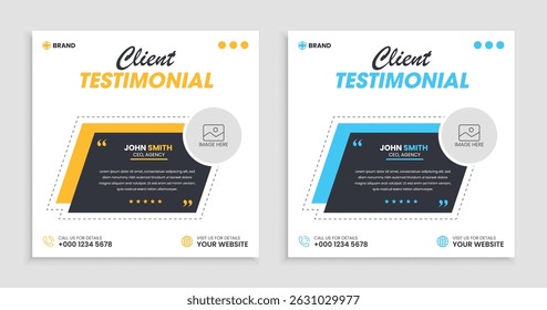 Modern client testimonial or social media post design, customer service feedback review post template with star rating.