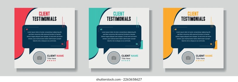Modern client testimonials social media post design set. Customer service feedback review social media post template
