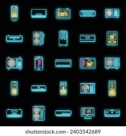 Modern climate control systems icons set. Outline set of modern climate control systems vector icons neon color on black