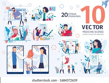 Modern Clinic or Medical Center Doctors Work Scenes, Hospital Laboratory, Diseases Diagnostics and Treatments, Medical Help for People with Various Health Problems Trendy Flat Vector Illustrations Set