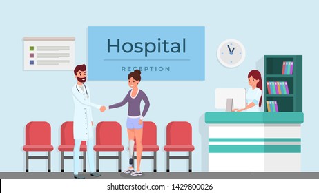 Modern Clinic Reception Flat Vector Illustration. Smiling Doctor, Woman With Prosthesis And Receptionist Cartoon Characters. Hospital Visit, Happy Physician And Patient Handshake At Front Desk