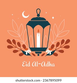 Modern clip art with oriental lantern, candle, plants, flowers, crescent, stars. Islamic square banner with typography, greetings. Ramadan Mubarak. Eid al-Fitr.