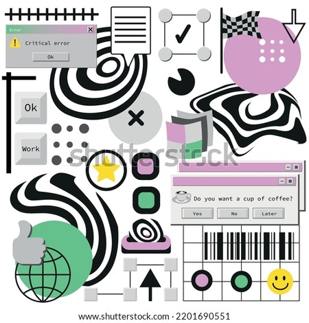 Modern clip-art collage. Design composition with bright bold geometric shapes and user interface elements on white background. Vector illustration.