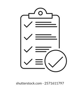 Modern clipboard icon with bold checkmark. A clean and simple design ideal for task tracking, workflow planning, and office organization in professional or creative settings.